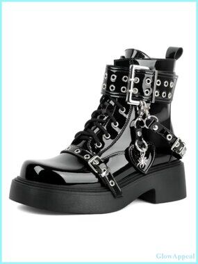 Goth Platform Ankle Boots Chunky Heel Lace Up PU Leather